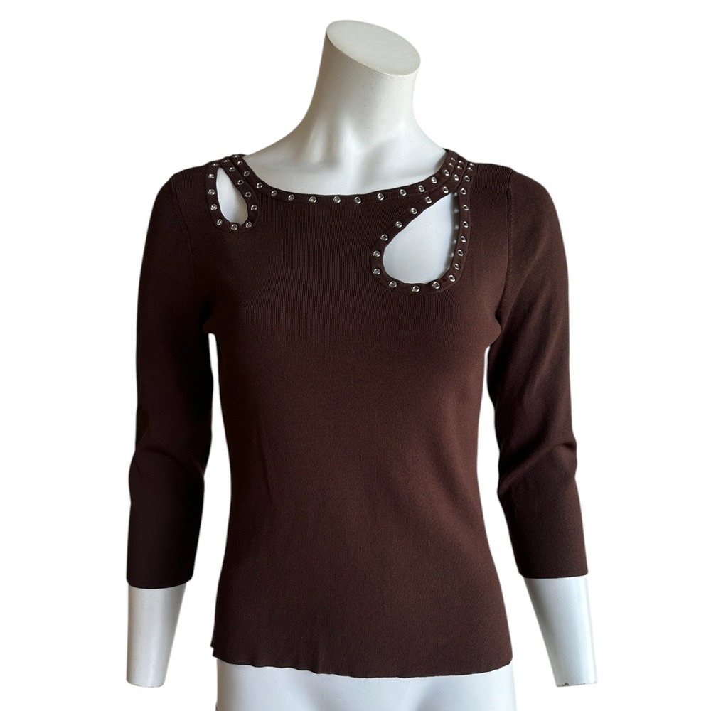 Vintage Y2K grommet cut out brown whimsigoth 3/4 sleeve top